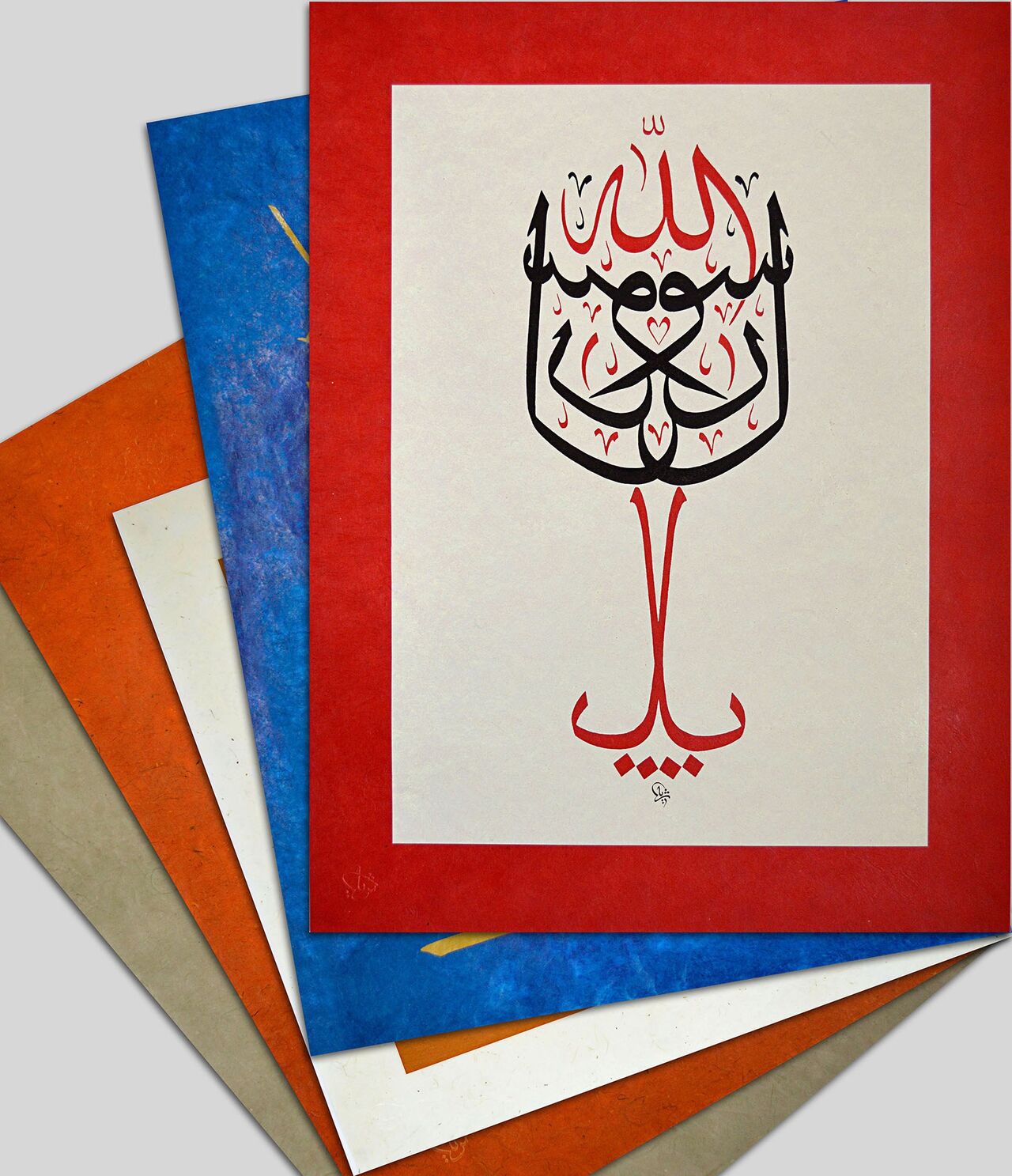 5 designs each stamped with 0 Aartists own embossing 0 Asignature using hand made0 A textured paper. Credit: ID